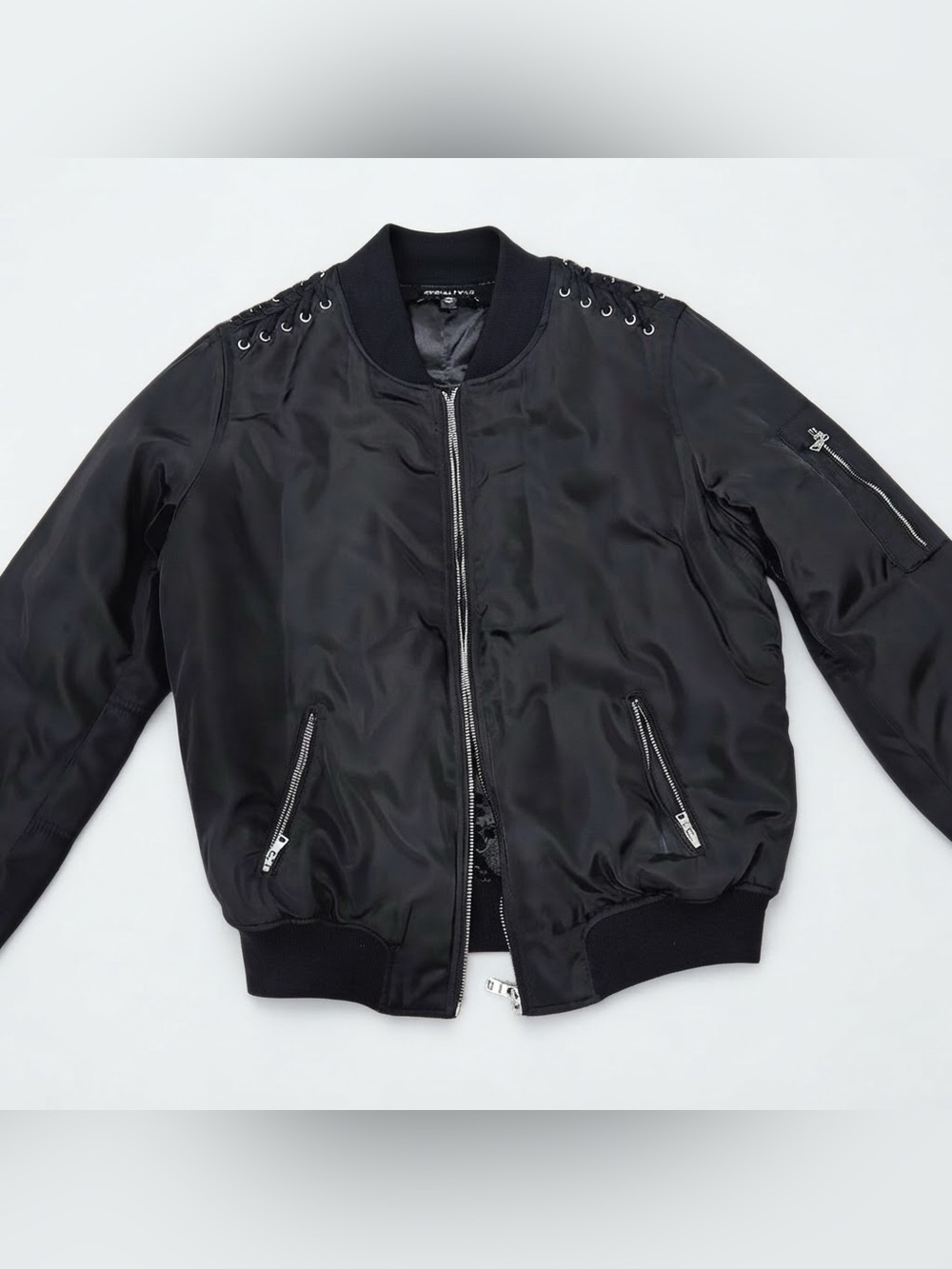 Kendall & Kylie Bomber Jacket Black Satin Lace-Up Shoulder